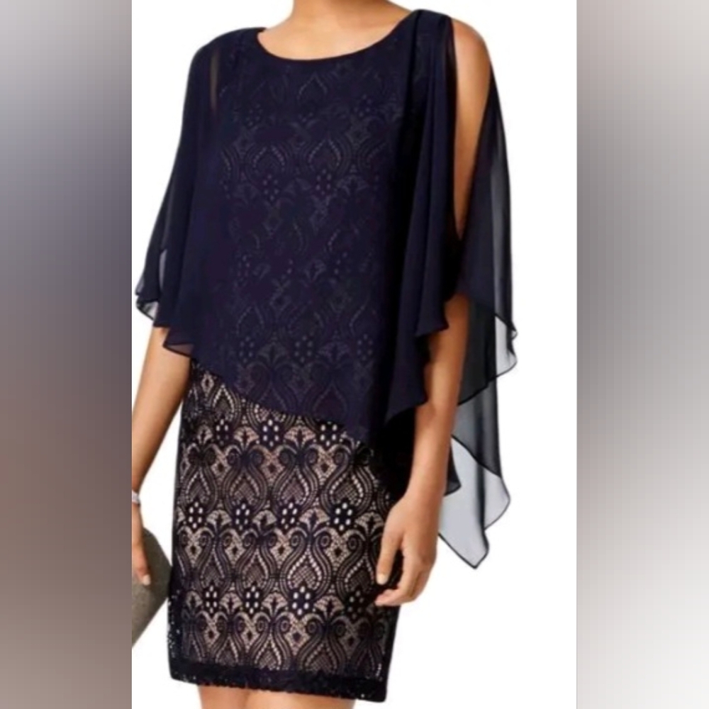 Connected Apparel Womens Navy Lace Capelet Cocktail Dress. Petite